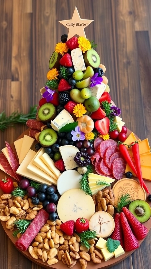 A festive charcuterie board shaped like a Christmas tree, filled with meats, cheeses, fruits, and nuts.